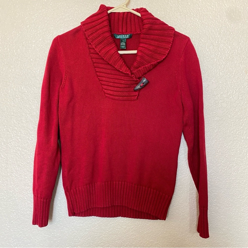 Lauren Ralph Lauren red cowl neck sweater asymmetrical toggle button size small‎